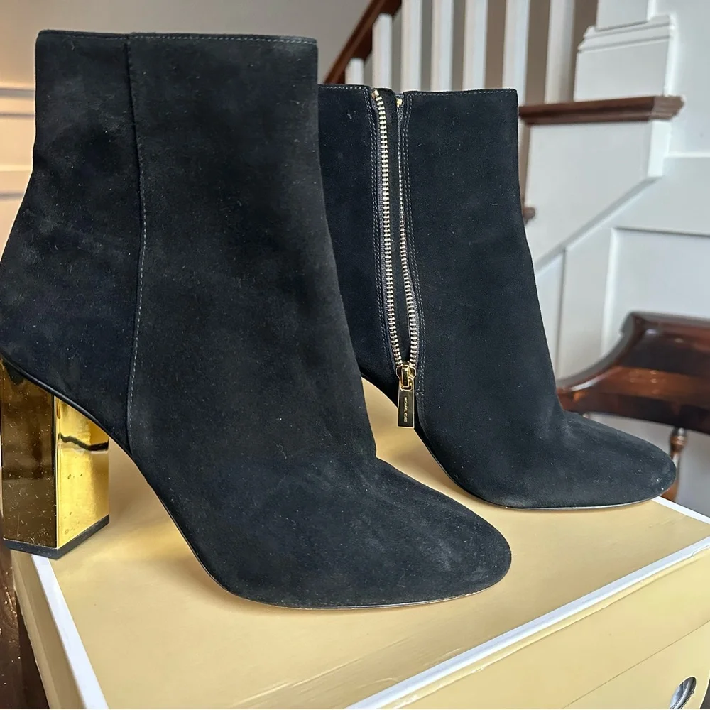 Michael Kors Black Suede Petra Booties with Gold Block Heel - Picture 5 of 5